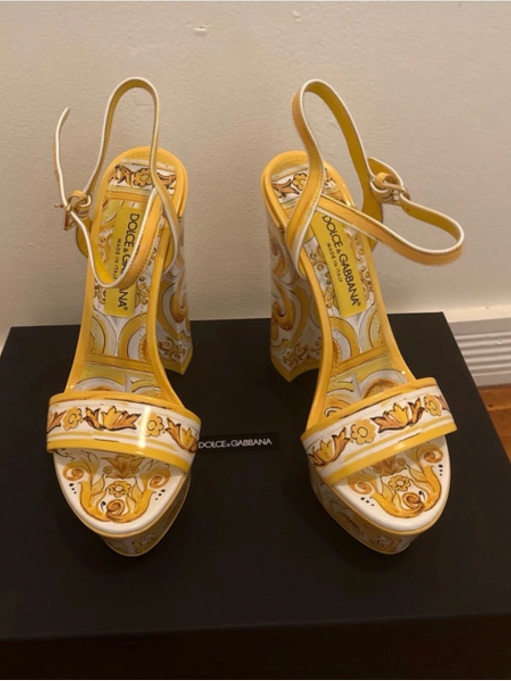 Dolce & Gabbana Yellow and White Printed Platform Slingback Sandals EU39
